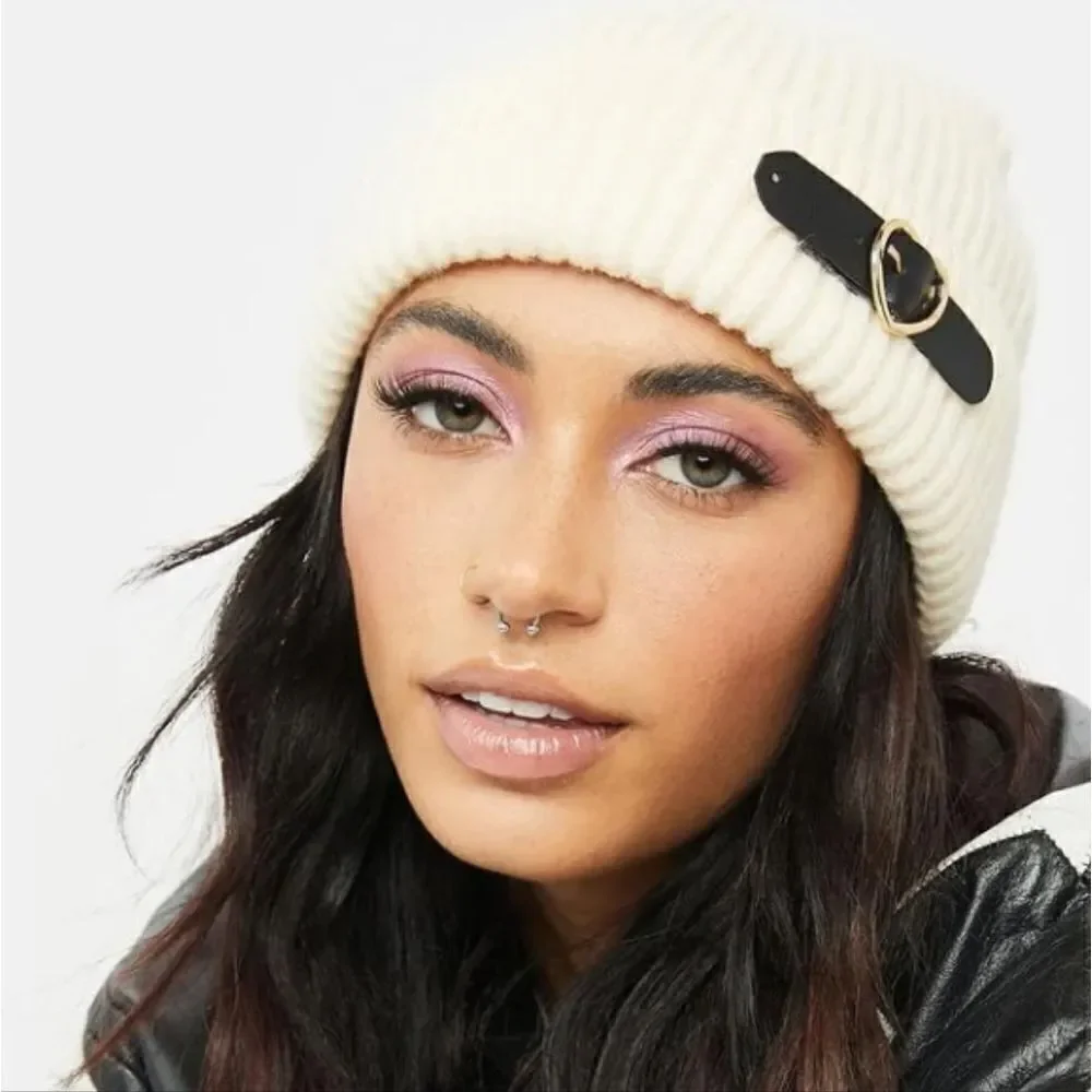 NWT Dolls Kill Cream Ribbed Buckle Beanie - Edgy Winter Skull Cap